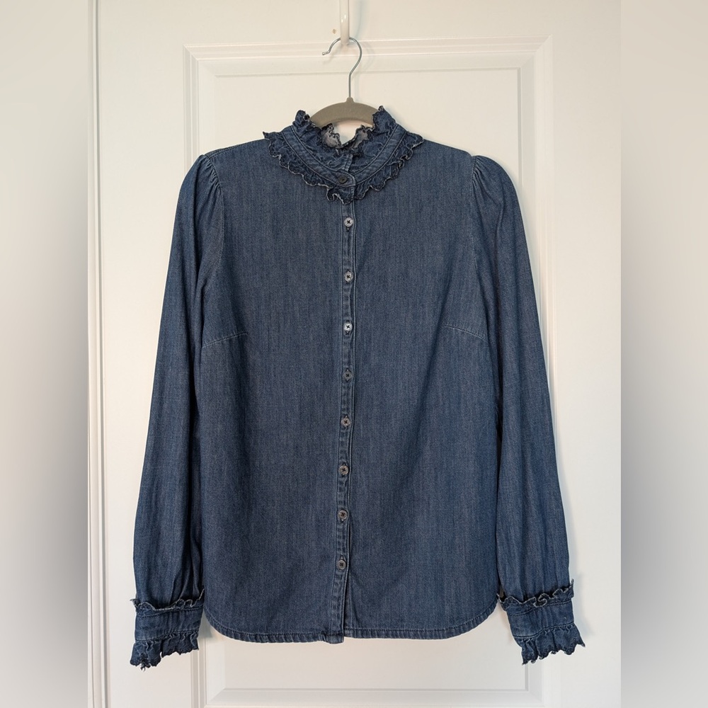 Boden Eliza Broderie Blue Denim Long Sleeve Ruffle Trim Button-Up Shirt - Size 8